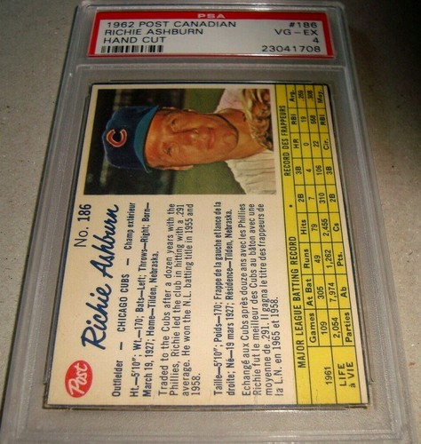 Richie Ashburn [Hand Cut] #186 1962 Post Canadian card