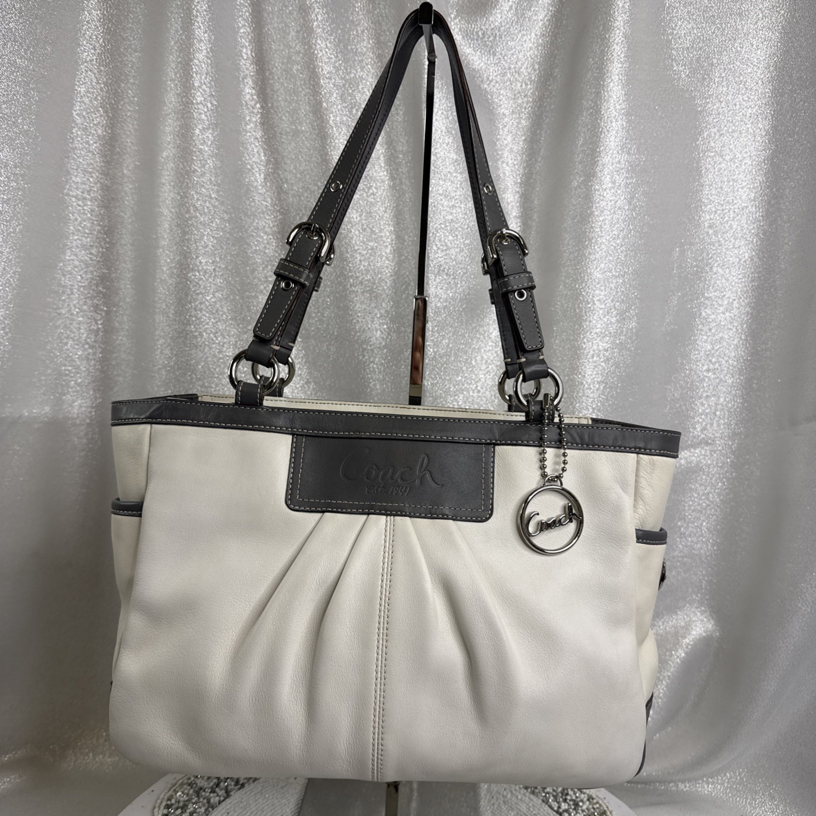 Coach East West Gallery Leather White & Grey Pleated Tote Handbag Purse