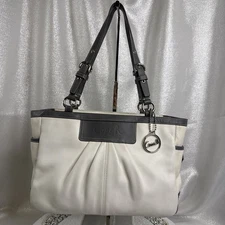 Coach East West Gallery Leather White & Grey Pleated Tote Handbag Purse