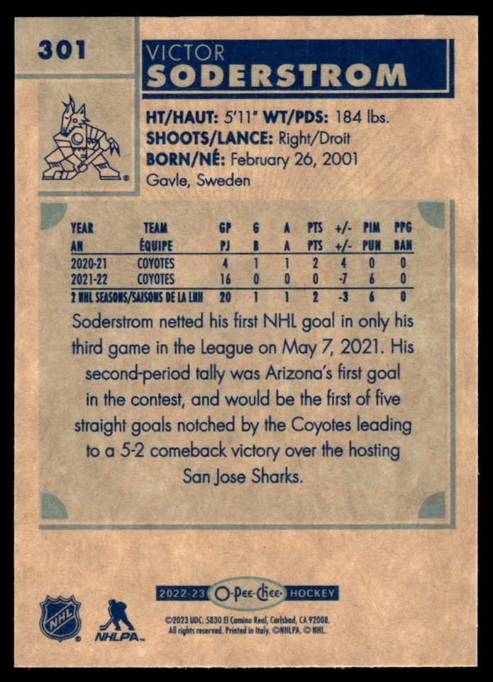 2022-23 O-Pee-Chee RETRO Victor Soderstrom Arizona Coyotes #301 - Image 2 of 2