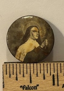 Antique Pinback Button Catholic Religious Saint Nun Halo Holding Cross