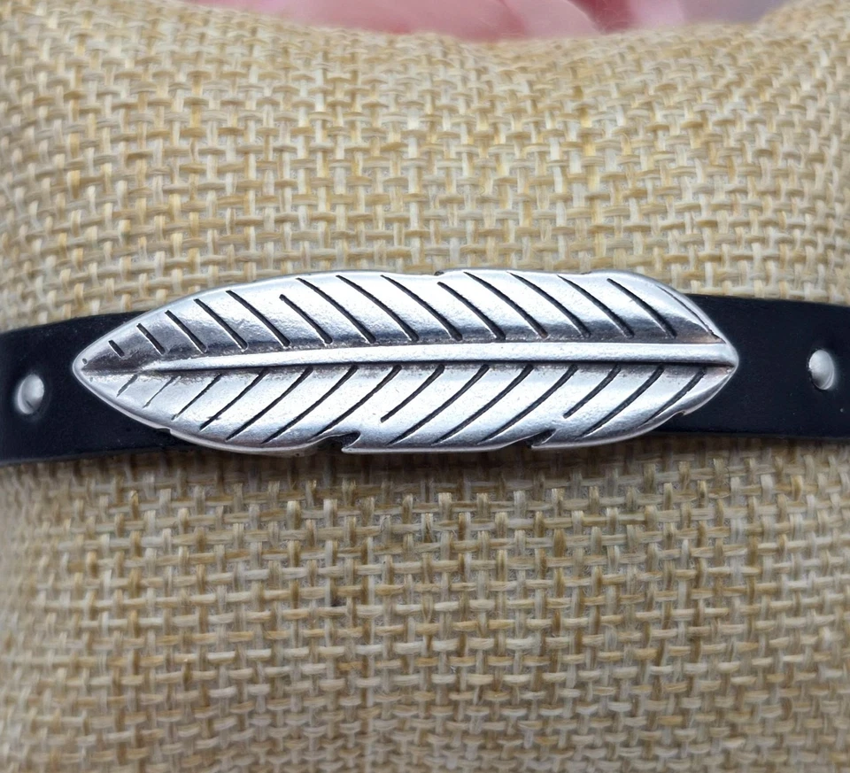 Mens Black Leather Bracelet Silver Tone Feather Slide Charm Punk Magnetic Clasp - Image 4 of 4