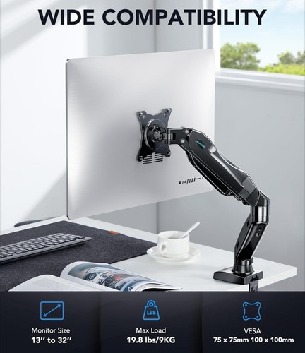 HUANUO Single Monitor Mount 13-32” Gas Arm VESA Clamp Grommet Base 4.4-19.8lbs - 第 2/7 張圖片