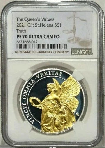 NGC PF70UC 2021 St Helena Queen's Virtues Truth £1 Proof Gilt Silver Coin