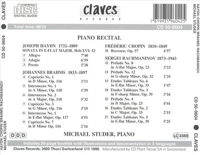 MICHAEL STUDER MICHAEL STUDER PLAYS HAYDN, BRAHMS, CHOPIN & RACHMANINOV NEW CD