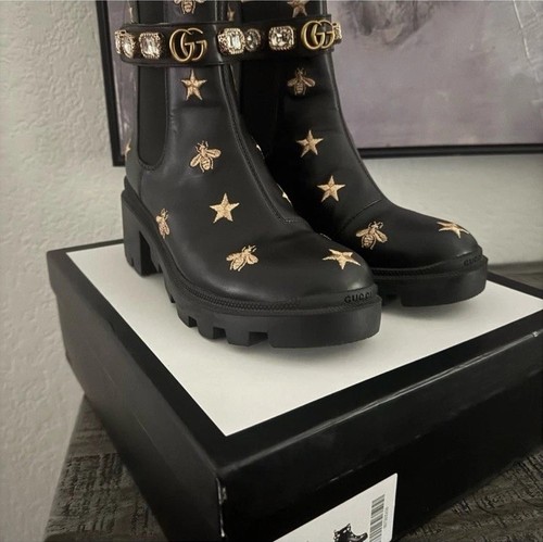 Gucci Leather Bee and Star Combat Boots Size 39 With Box and Receipt