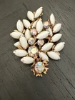 Vintage Milk Glass AB Rhinestone Swirl Leaf Juliana Style Brooch Pin