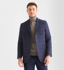 Stafford Blazer Sport Coat Windowpane Navy Blue Mens 46R Wool Blend