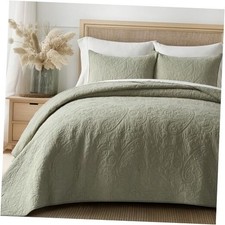 EVERGRACE 100 Cotton Paisley Quilt Set Size 3 King Paisley Light Sage Green