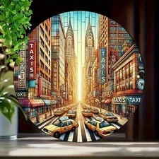 2D Flat, 1pc 7.8x7.8 Inch Aluminum Round Wall Art - NYC City Street View with Ta