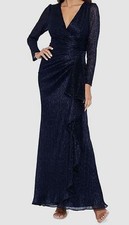 Betsy  Adam Women's Blue Metallic Ruched V-Neck Long Sleeves Dress Size 4