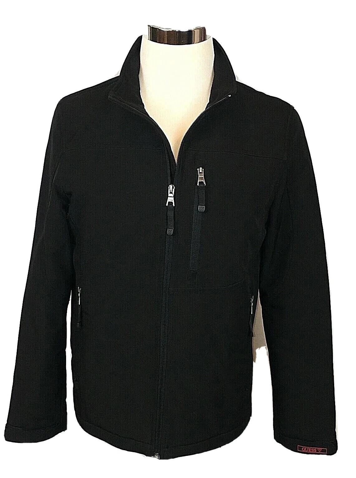 Guess Men's Softshell Black Full Zip Coat Jacket Size Small Zippered Pockets