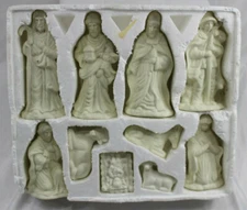 9 Nativity White Ceramic Bisque Ready To Paint Rough Figures + Wood Display
