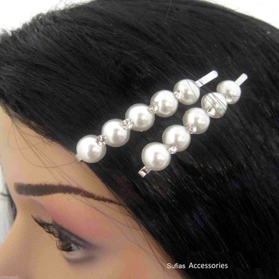 2 X Diamante Pearl Grips Bridal Wedding Prom Crystal Head Hair