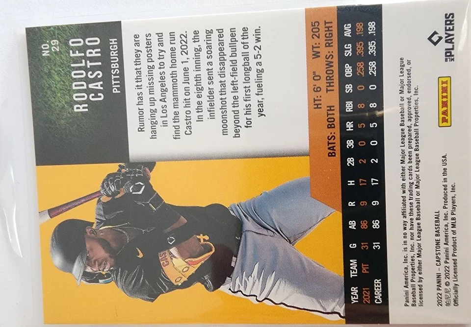 2022 Panini Capstone Rodolfo Castro Rookie Pittsburgh Pirates #29 - Image 2 of 2