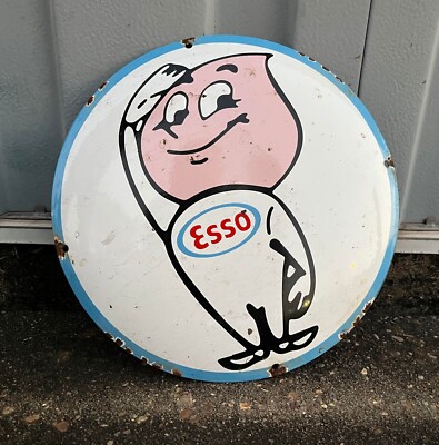 Vintage style Esso Gasoline Porcelain Sign Oil Drop Boy Gas Service Station GOOD