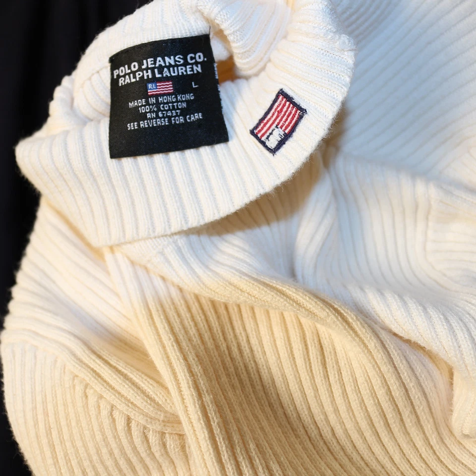 Suéter de cuello alto Ralph Lauren etiqueta negra marfil algodón liso para mujer talla L Foto 2 de 4