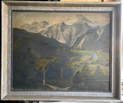 ::ÖLGEMÄLDE LANDSCHAFT ALPEN MARTERL UNLERSERLICH WOLF BLICK INS TAL RAHMEN