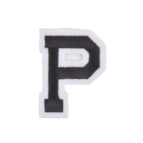 Varsity Letter P Prasowanie Naszywka / Odznaka / Aplikacja / Transfer A-Z Alfabet Czarny / Biały - Zdjęcie 1 z 1