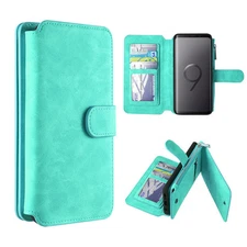 GSA Deluxe Luxury Leather Flip Wallet Case for Samsung Galaxy S9 Plus - Teal
