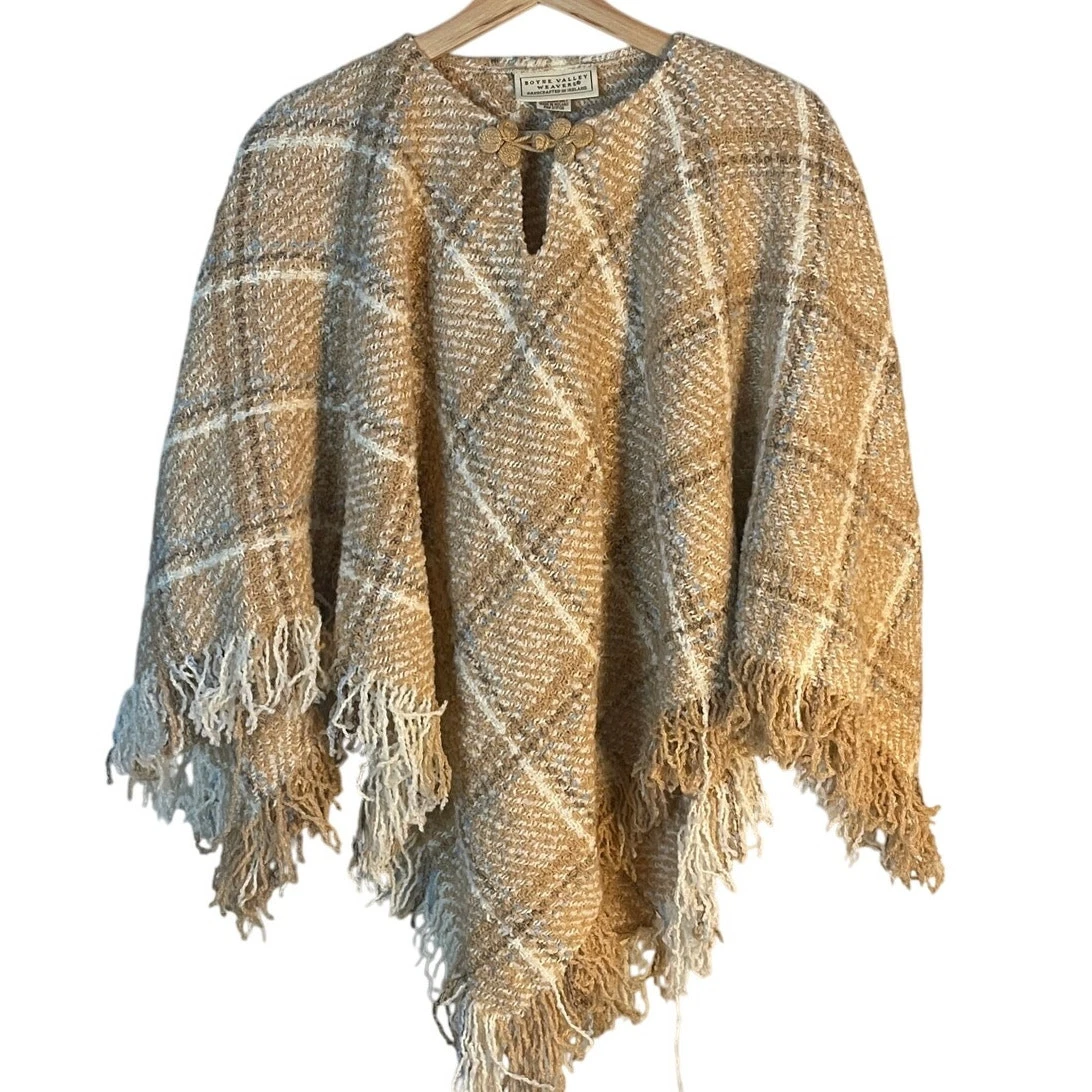 Boyne Valley Weavers Irish Vtg Wool & Alpaca Knit Plaid Poncho Cape Tan/White OS