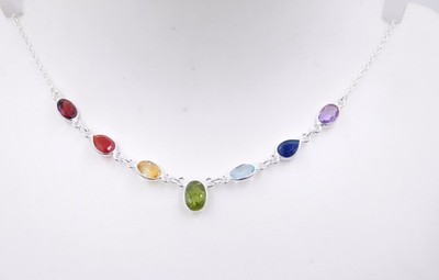 4.80 Gm 925 Sterling Silver Natural Multi Gemstone Fine Bezel Necklace Size 20''