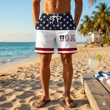 Mens USA Flag Patriotic Hawaiian Shorts Red White Blue