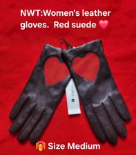 Aqua Leather Heart  Gloves  Size Medium Black Red Touch Screen  Tech NEW