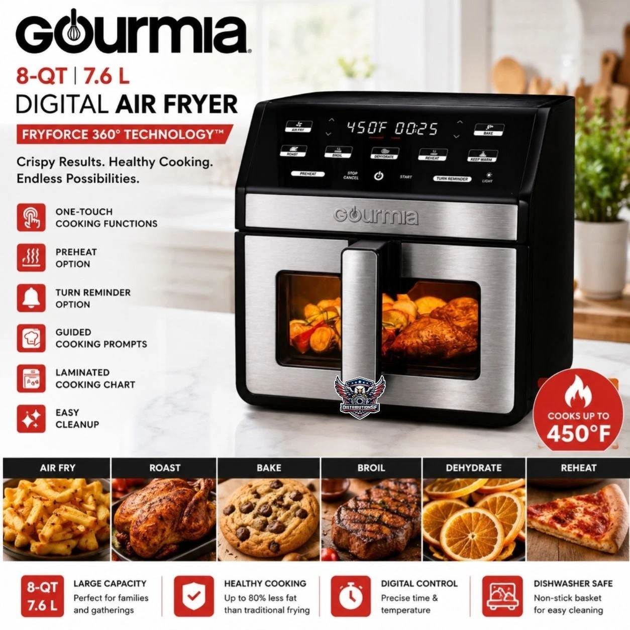 Gourmia 8QT 7.6L Digital Air Fryer FryForce 360 Stainless Steel Easy Clean 450°F
Opens in a new wind