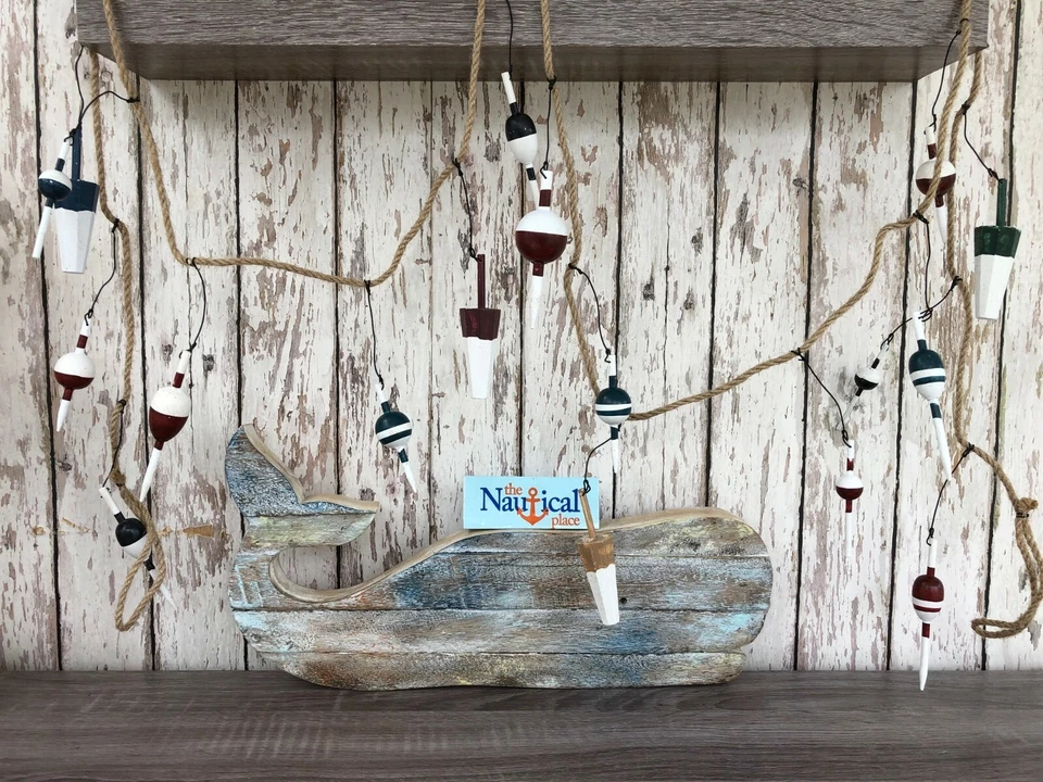 Bobber de pesca de madera de 9' flotadores en cuerda - Guirnalda de red de pesca de boya - Decoración náutica Foto 3 de 4