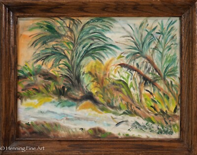 Beautiful Alyne Harris Folk Oil Painting Naive Florida Palm Tree Beach, Fine