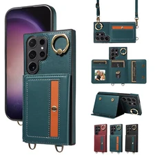 For Samsung Galaxy S24 Ultra S23 S22 Wallet Phone Case With Lanyard Kickstand