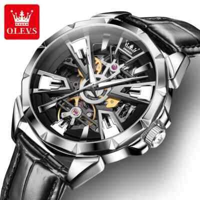 OLEVS Genuine Leather Band Waterproof Luminous Sport Mechanical Watch for Men