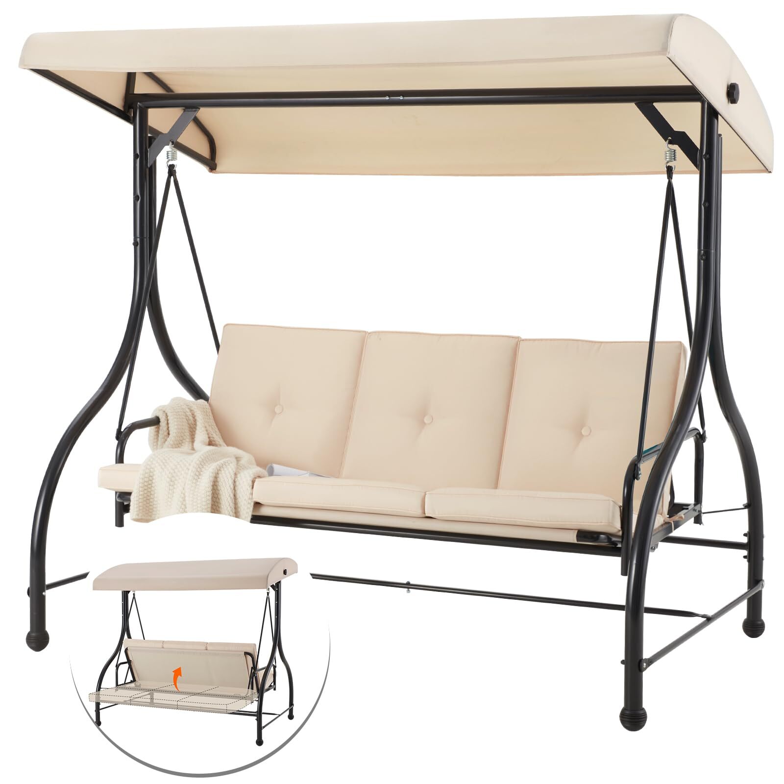 3-Seat Outdoor Porch Swing Patio Swing Bed with Adjustable Backrest & Canopy