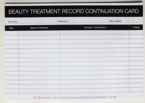SALON THERAPIST Beauty Treatment Client Continuation Record Card (50 pk) taglia A5 - Foto 1 di 2