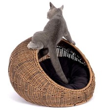 Wicker Cat Bed Dome for Medium Indoor Cats - a Covered Cat Hideaway Hut of Fa...