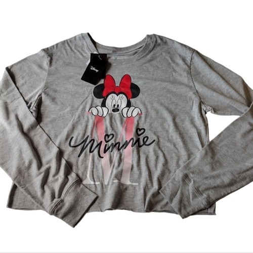 Disney T Shirt Woman's L Gray Minnie Mouse Long sleeve cropped Juniors Vacation