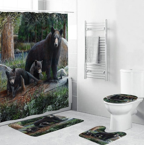 Black Bear Bathroom Rug Set Shower Curtain Non Slip Toilet Lid Cover Bath Mat - Picture 1 of 12