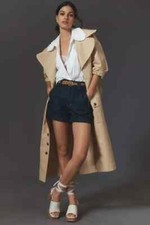 Farm Rio Trench Coat Large Collar Anthropologie Pockets Over Nude Belted L New