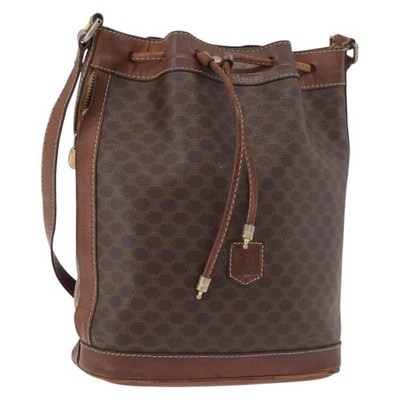 CELINE Macadam Canvas Purse Shoulder Bag PVC Leather Brown Gold Auth 180118