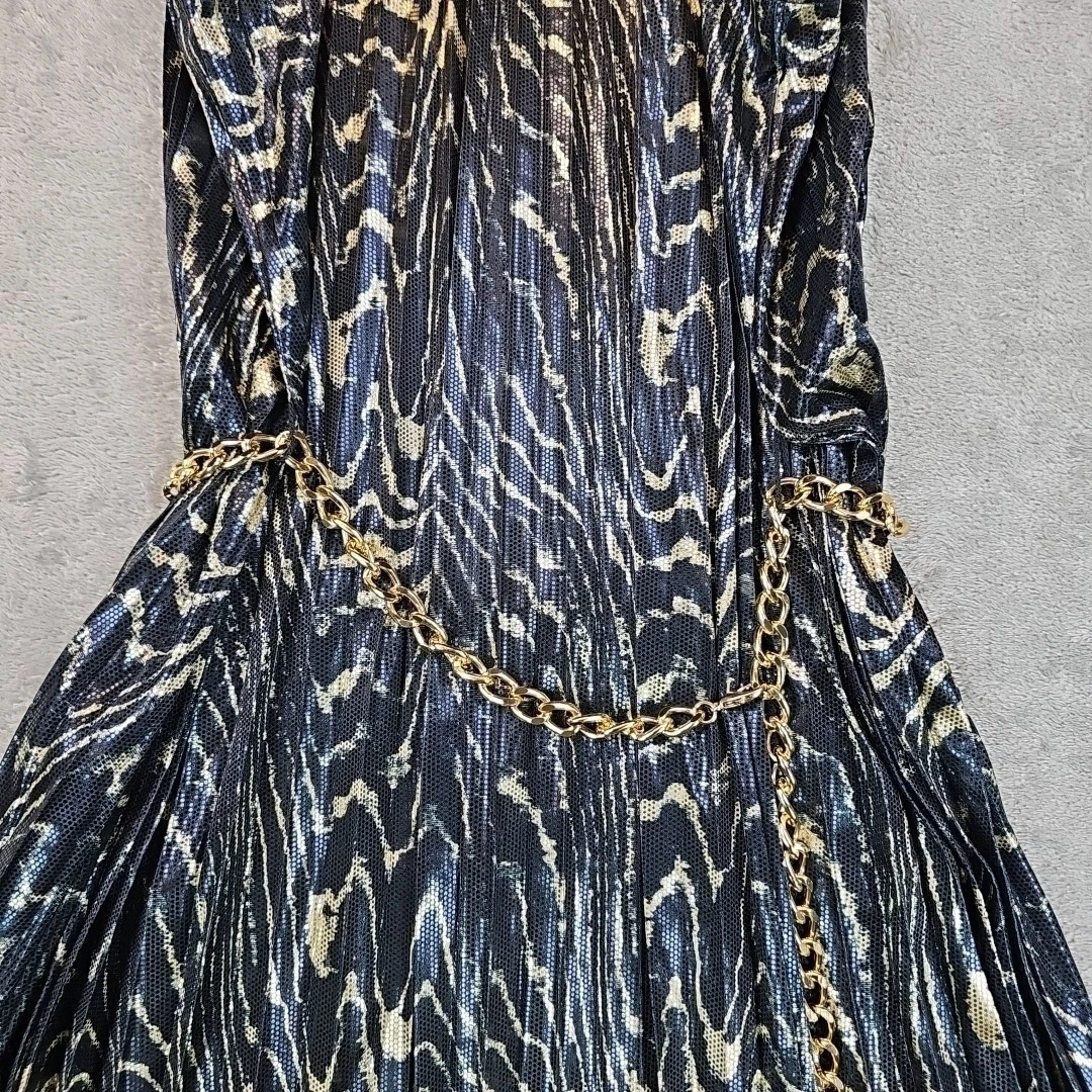 Abito Michael Kors plissettato metallico Halter donna XS nero oro logo catena cintura