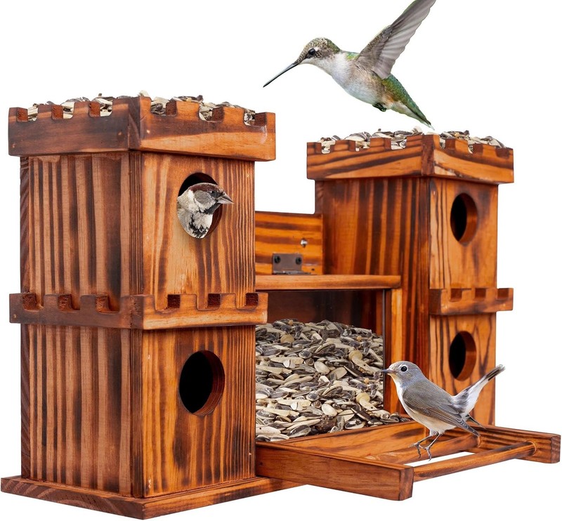 MIXUMON Castle-Style 4 Room Wooden Birdhouse with Large Center Feeder, Outdoor