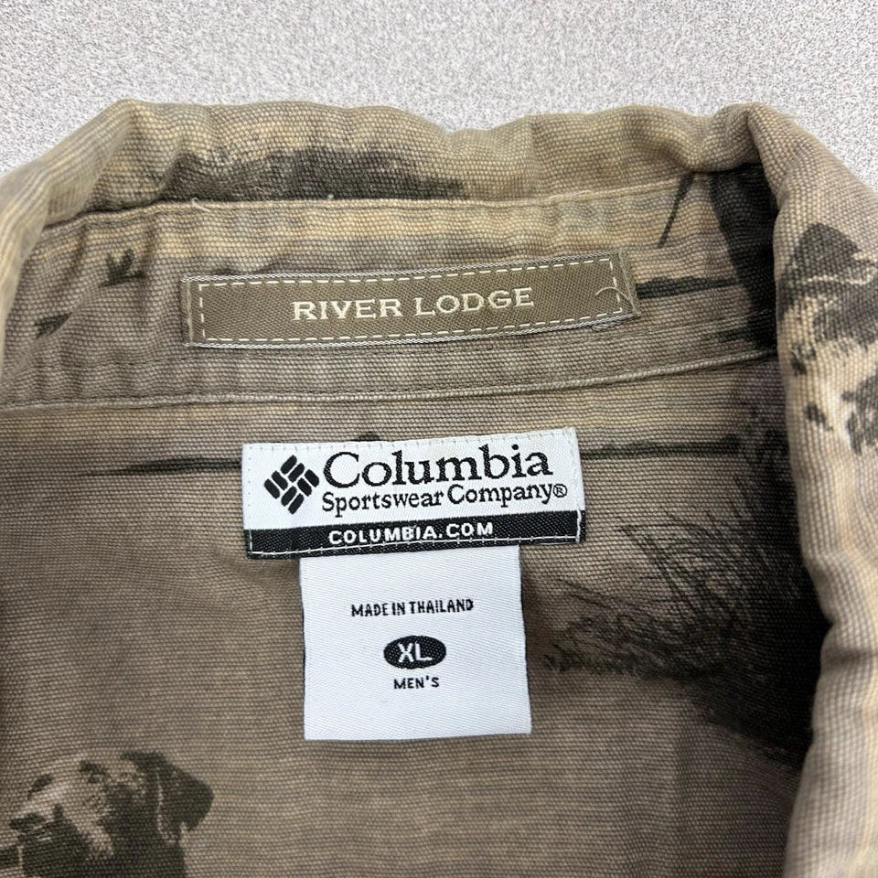 Columbia River Lodge Duck Hunting Long Sleeve Button Shirt Camo Beige Dog Sz XL - Image 3 of 4