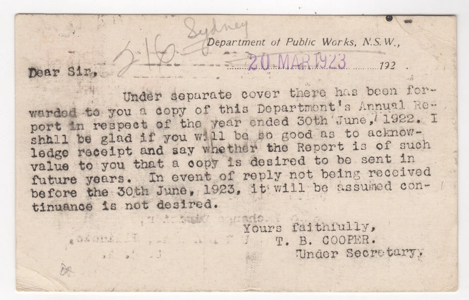 1923 Mar 20th. OHMS Post Card. Sydney to Urbana, USA. - Image 2 of 2