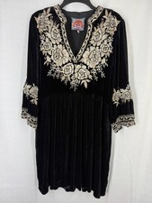 Johnny Was Olenna Dress Black Velvet Embroidered Boho Large Floral Pockets