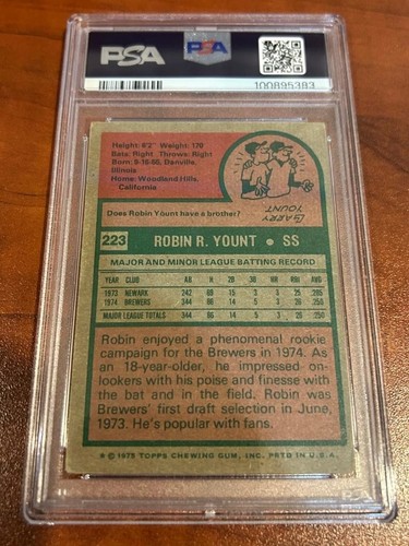 ROBIN YOUNT MILWAUKEE BREWERS 1975 TOPPS #223 FIRMATA ROOKIE CARD AUTO GEM PSA 10 - Foto 4 di 4