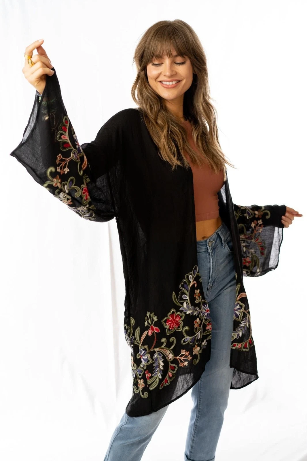 Kimono black floral cardigan duster top jacket embroidered light boho OS NEW