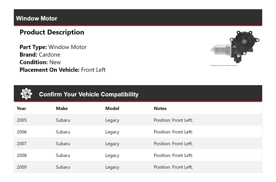 Motor ventana delantero izquierdo cardone 2006 2007 2008 Subaru Legacy 2005-2009 Foto 2 de 4
