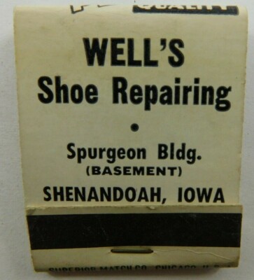 Well's Shoe Repairing Shenandoah IW Quality Full Unstruck Vintage Matchbook Ad