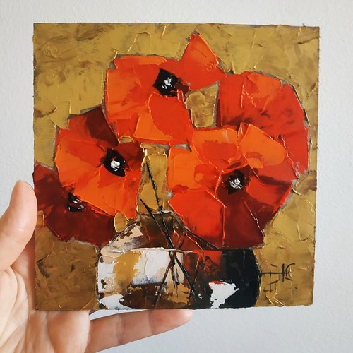 Poppies Painting California Poppy Floral Art Impasto Oil Painting Original 6x6 - Picture 8 of 10